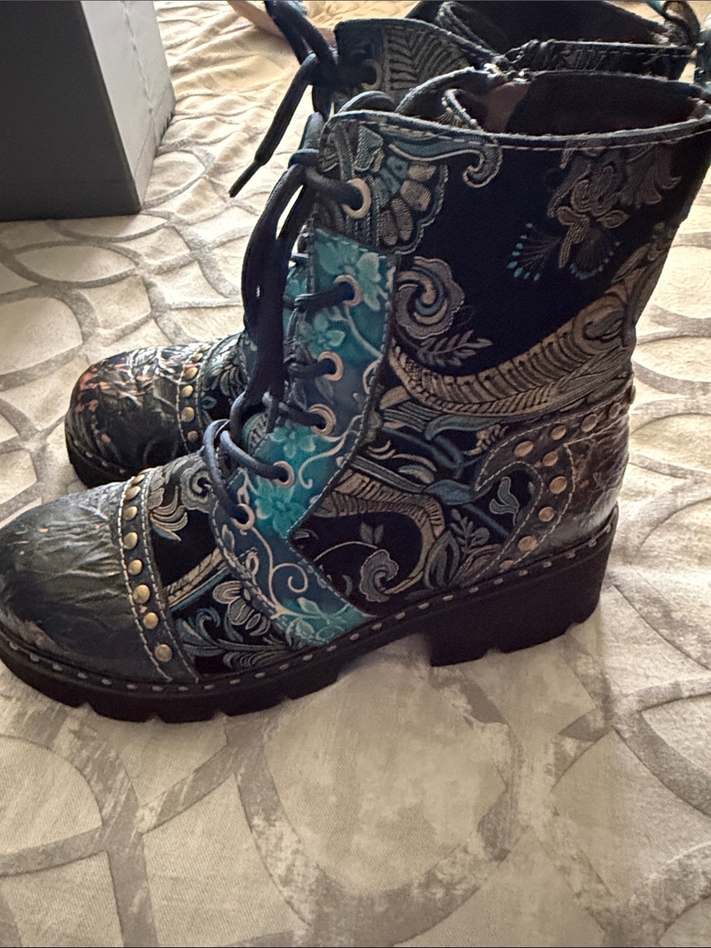 Embroidered Black and Teal Lace-Up Women's Ankle Boots